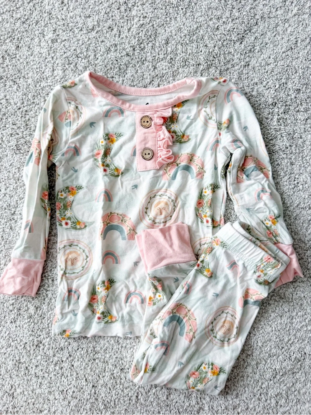 Girls' Floral Rainbow Cotton Pajama Set in Pink and Cream 6-12mo